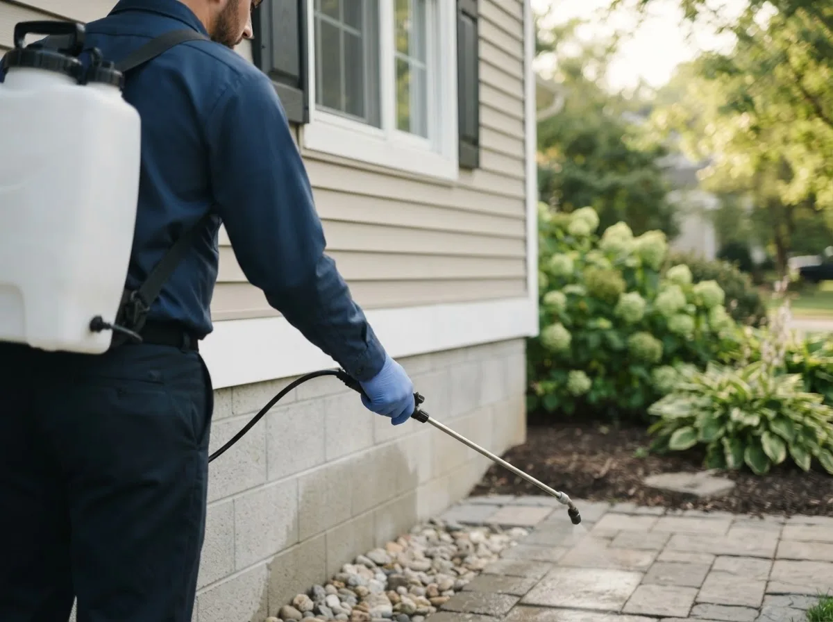 Pest control technician inspecting a home in Dornsife, PA